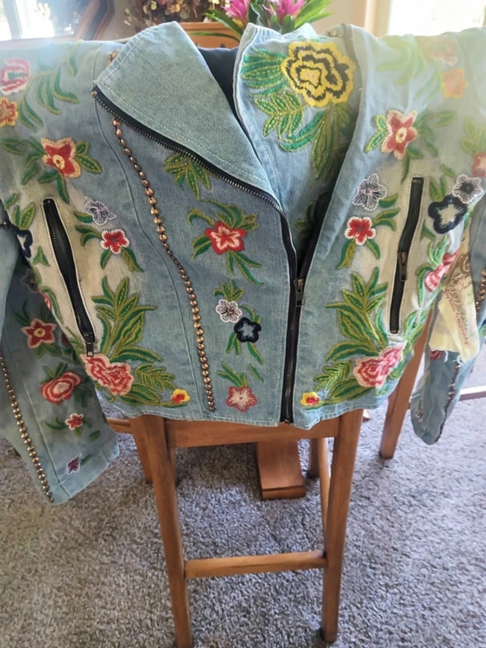 Aratta Lucinda Embroidered Denim Motorcycle Jacket New 20 Pit To Pit 21 Length